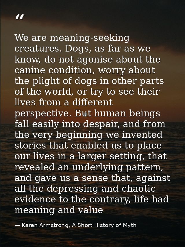 We are meaning-seeking creatures. Dogs, as far as we know, do not agonise about the canine condition, worry about the pl — Karen Armstrong, A Short History of Myth