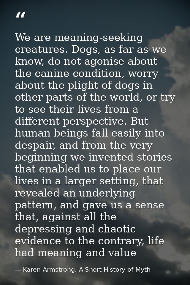 We are meaning-seeking creatures. Dogs, as far as we know, do not agonise about the canine condition, worry about the pl — Karen Armstrong, A Short History of Myth