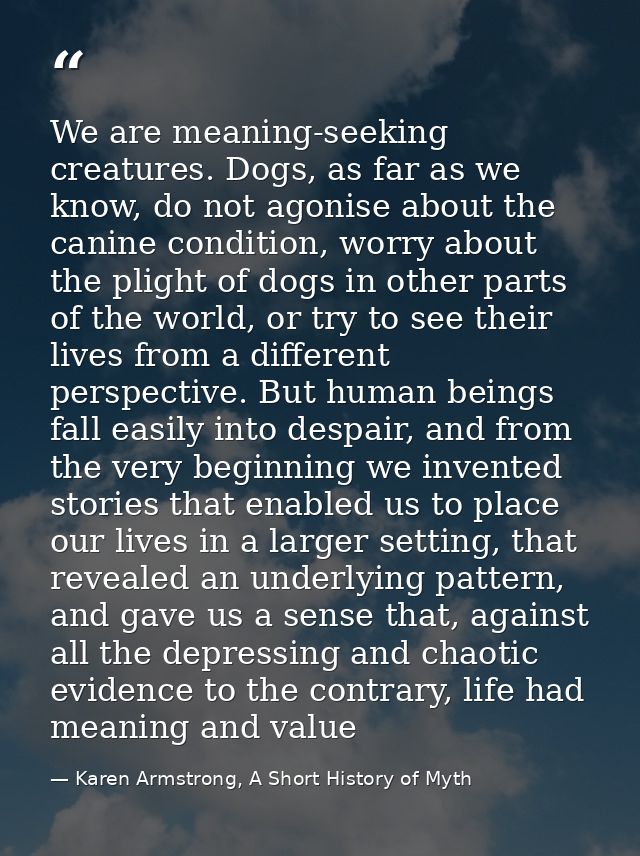 We are meaning-seeking creatures. Dogs, as far as we know, do not agonise about the canine condition, worry about the pl — Karen Armstrong, A Short History of Myth
