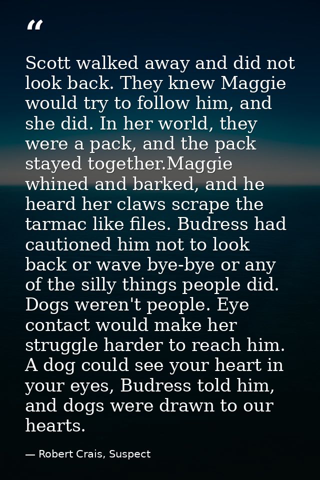 Scott walked away and did not look back. They knew Maggie would try to follow him, and she did. In her world, they were  — Robert Crais, Suspect