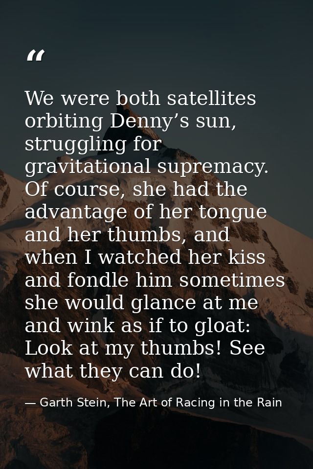 We were both satellites orbiting Denny’s sun, struggling for gravitational supremacy. Of course, she had the advantage o — Garth Stein, The Art of Racing in the Rain