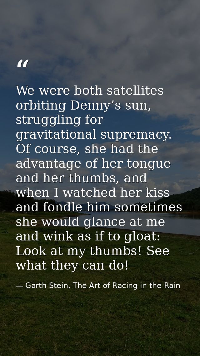We were both satellites orbiting Denny’s sun, struggling for gravitational supremacy. Of course, she had the advantage o — Garth Stein, The Art of Racing in the Rain
