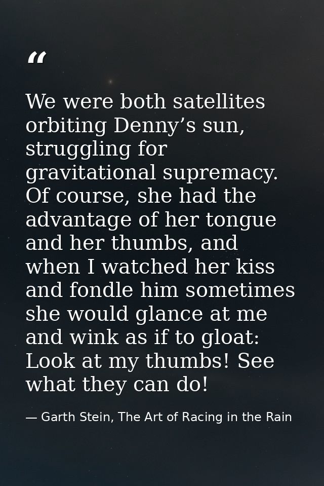 We were both satellites orbiting Denny’s sun, struggling for gravitational supremacy. Of course, she had the advantage o — Garth Stein, The Art of Racing in the Rain