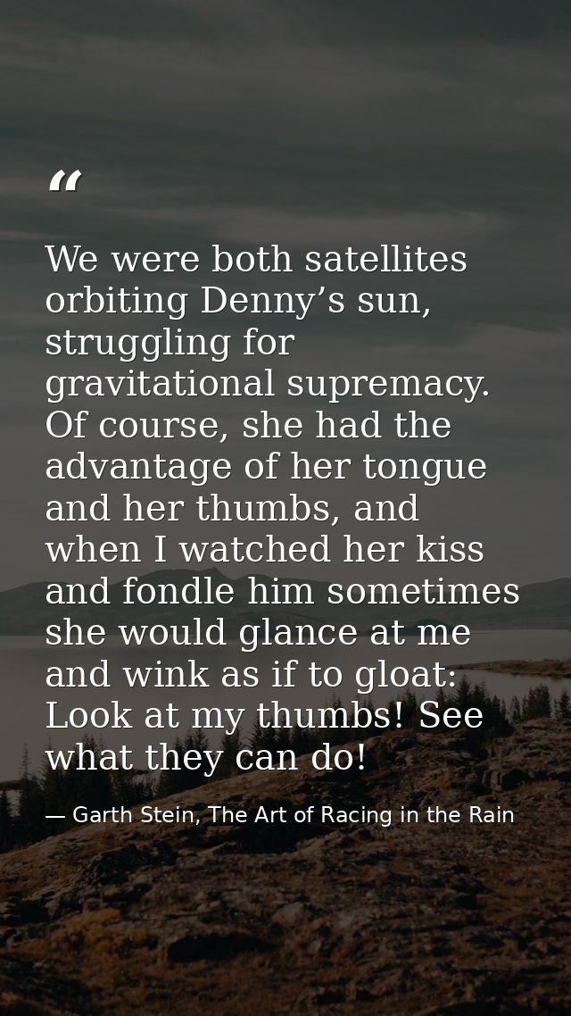 We were both satellites orbiting Denny’s sun, struggling for gravitational supremacy. Of course, she had the advantage o — Garth Stein, The Art of Racing in the Rain