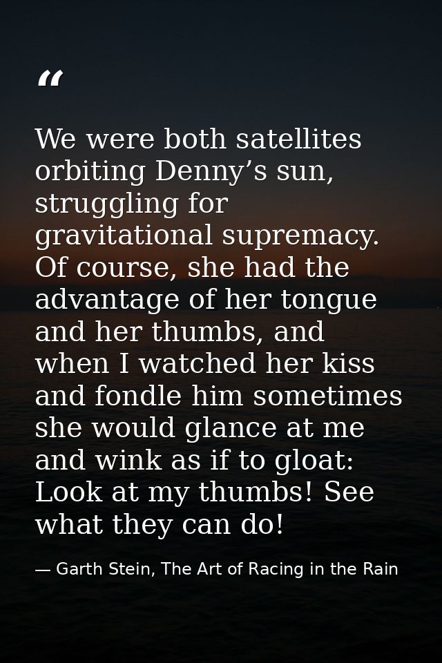 We were both satellites orbiting Denny’s sun, struggling for gravitational supremacy. Of course, she had the advantage o — Garth Stein, The Art of Racing in the Rain