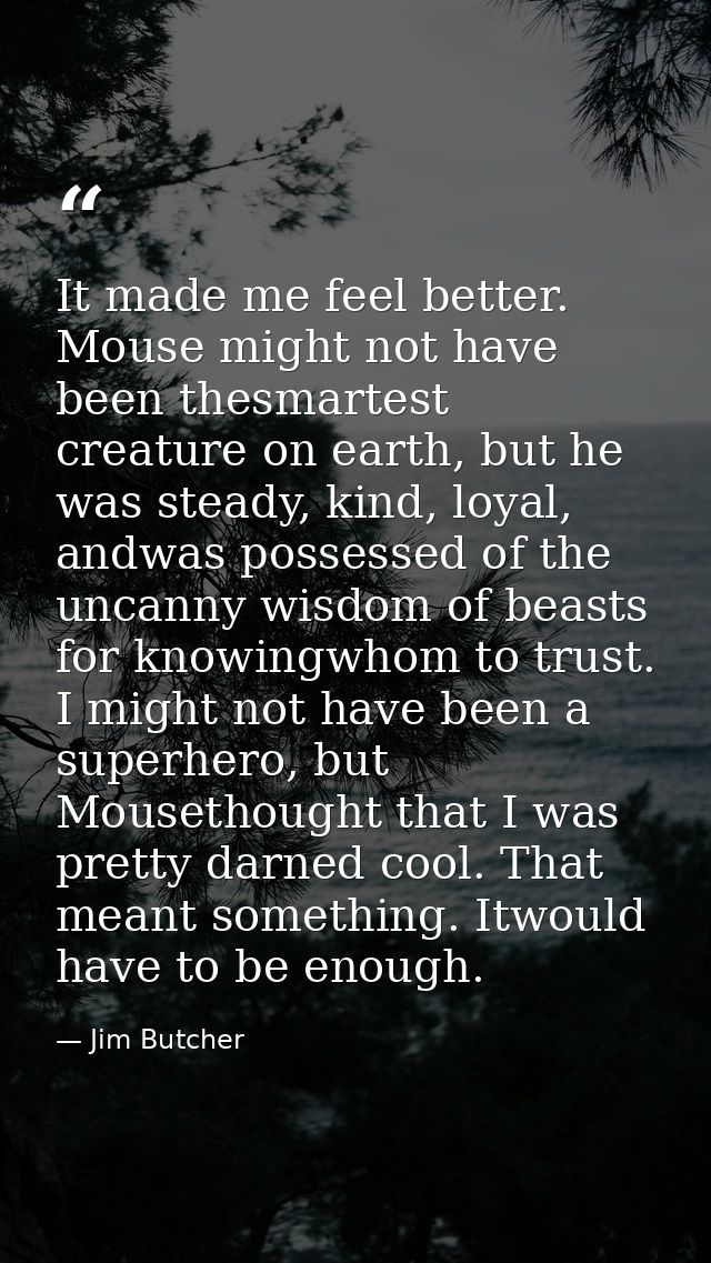 It made me feel better. Mouse might not have been thesmartest creature on earth, but he was steady, kind, loyal, andwas  — Jim Butcher