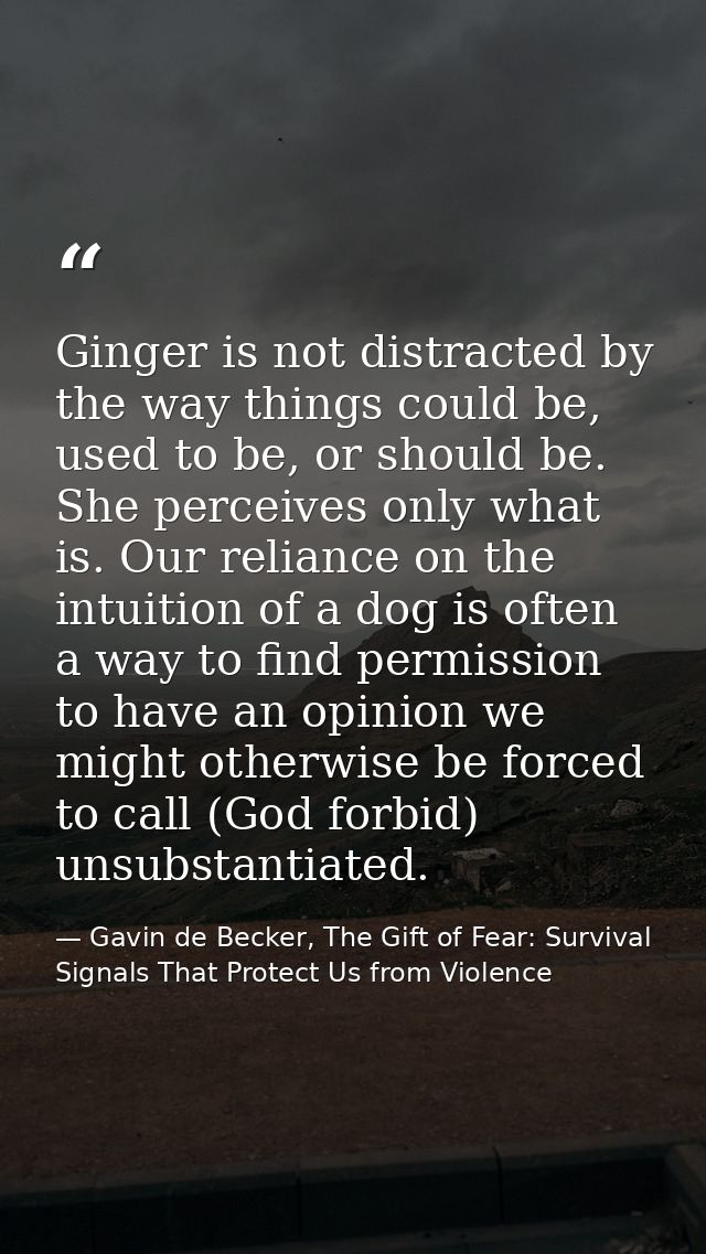 Ginger is not distracted by the way things could be, used to be, or should be. She perceives only what is. Our reliance  — Gavin de Becker, The Gift of Fear: Survival Signals That Protect Us from Violence