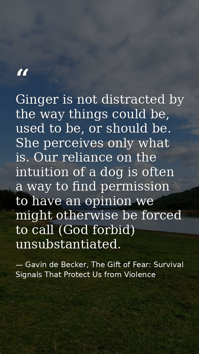 Ginger is not distracted by the way things could be, used to be, or should be. She perceives only what is. Our reliance  — Gavin de Becker, The Gift of Fear: Survival Signals That Protect Us from Violence