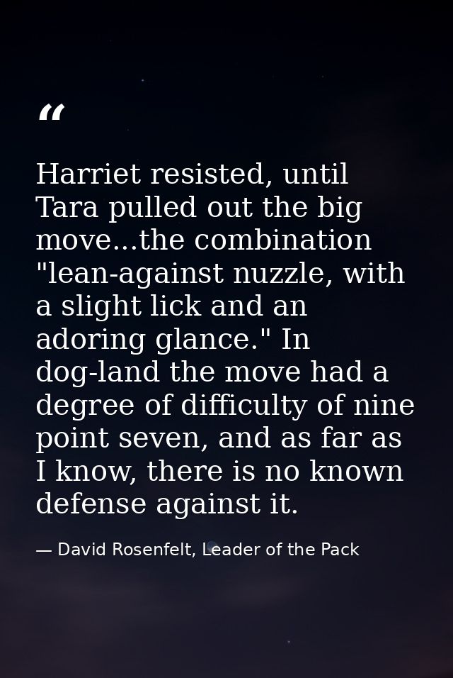 Harriet resisted, until Tara pulled out the big move...the combination "lean-against nuzzle, with a slight lick and an a — David Rosenfelt, Leader of the Pack