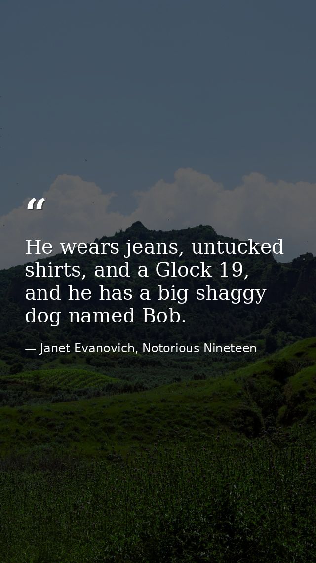 He wears jeans, untucked shirts, and a Glock 19, and he has a big shaggy dog named Bob. — Janet Evanovich, Notorious Nineteen