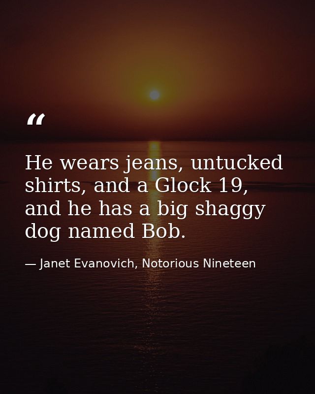 He wears jeans, untucked shirts, and a Glock 19, and he has a big shaggy dog named Bob. — Janet Evanovich, Notorious Nineteen