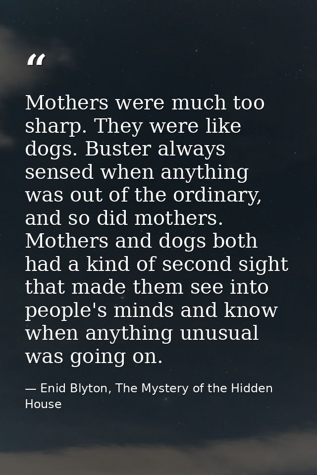 Mothers were much too sharp. They were like dogs. Buster always sensed when anything was out of the ordinary, and so did — Enid Blyton, The Mystery of the Hidden House