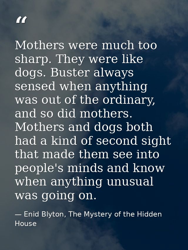 Mothers were much too sharp. They were like dogs. Buster always sensed when anything was out of the ordinary, and so did — Enid Blyton, The Mystery of the Hidden House