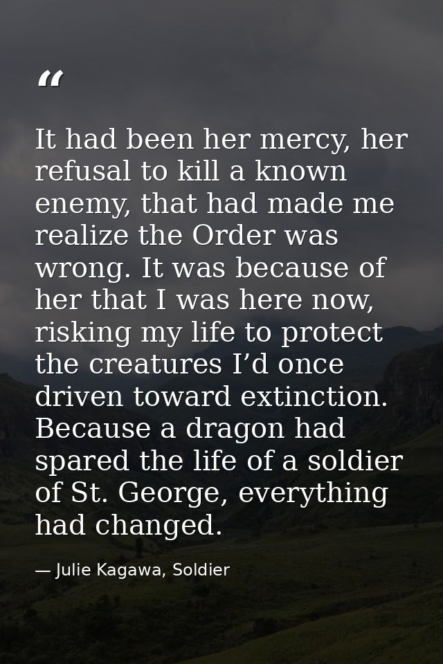 It had been her mercy, her refusal to kill a known enemy, that had made me realize the Order was wrong. It was because o — Julie Kagawa, Soldier