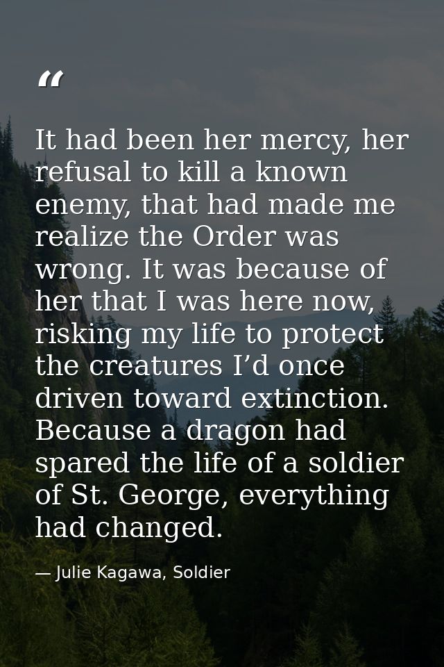 It had been her mercy, her refusal to kill a known enemy, that had made me realize the Order was wrong. It was because o — Julie Kagawa, Soldier