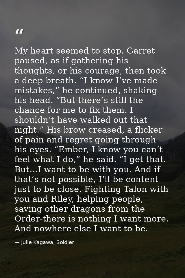 My heart seemed to stop. Garret paused, as if gathering his thoughts, or his courage, then took a deep breath. “I know I — Julie Kagawa, Soldier