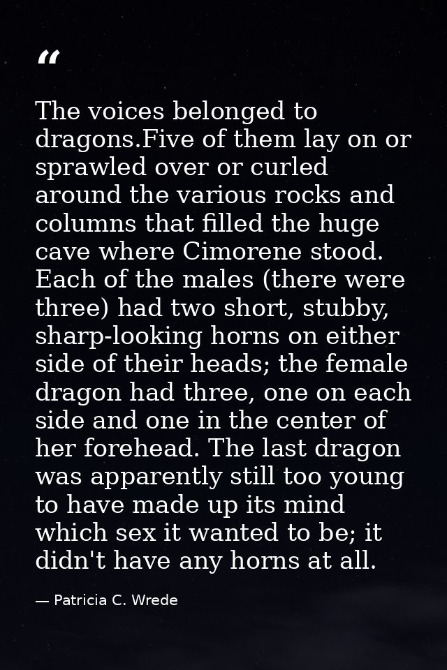 The voices belonged to dragons.Five of them lay on or sprawled over or curled around the various rocks and columns that  — Patricia C. Wrede
