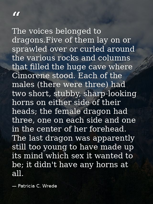The voices belonged to dragons.Five of them lay on or sprawled over or curled around the various rocks and columns that  — Patricia C. Wrede