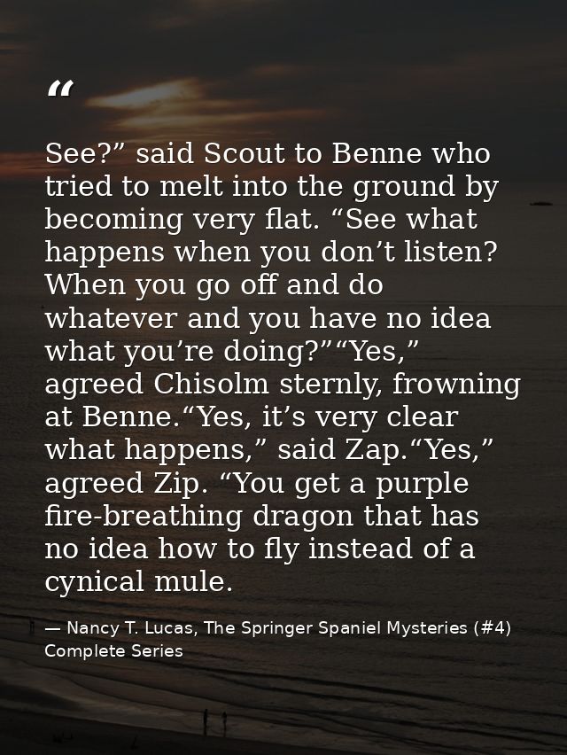 See?” said Scout to Benne who tried to melt into the ground by becoming very flat. “See what happens when you don’t list — Nancy T. Lucas, The Springer Spaniel Mysteries (#4) Complete Series