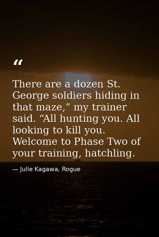 There are a dozen St. George soldiers hiding in that maze,” my trainer said. “All hunting you. All looking to kill you.  — Julie Kagawa, Rogue