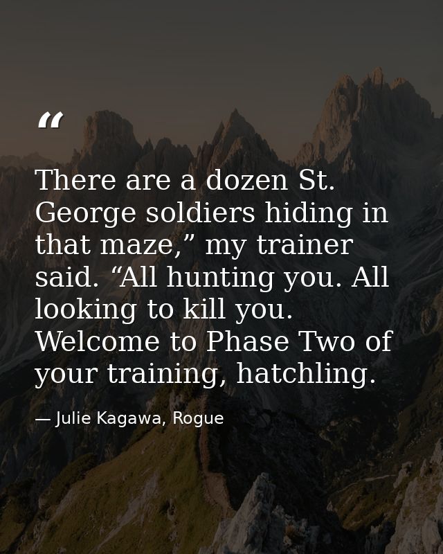 There are a dozen St. George soldiers hiding in that maze,” my trainer said. “All hunting you. All looking to kill you.  — Julie Kagawa, Rogue