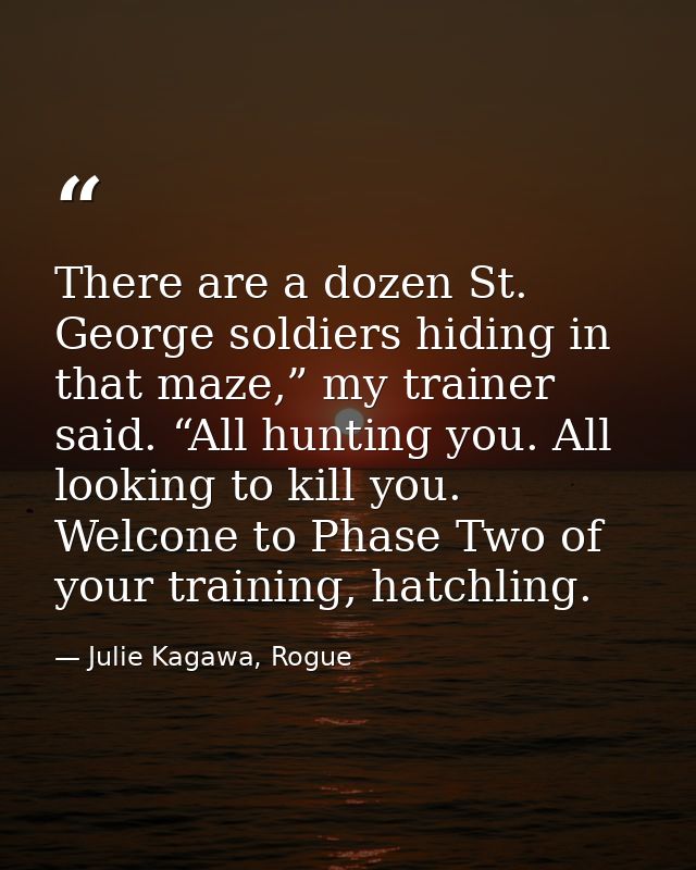 There are a dozen St. George soldiers hiding in that maze,” my trainer said. “All hunting you. All looking to kill you.  — Julie Kagawa, Rogue