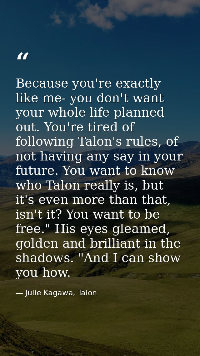 Because you're exactly like me- you don't want your whole life planned out. You're tired of following Talon's rules, of  — Julie Kagawa, Talon