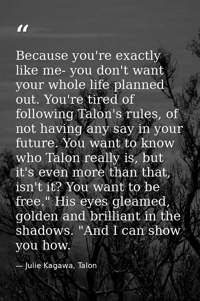 Because you're exactly like me- you don't want your whole life planned out. You're tired of following Talon's rules, of  — Julie Kagawa, Talon