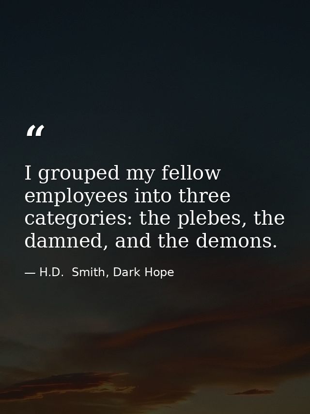 I grouped my fellow employees into three categories: the plebes, the damned, and the demons. — H.D.  Smith, Dark Hope