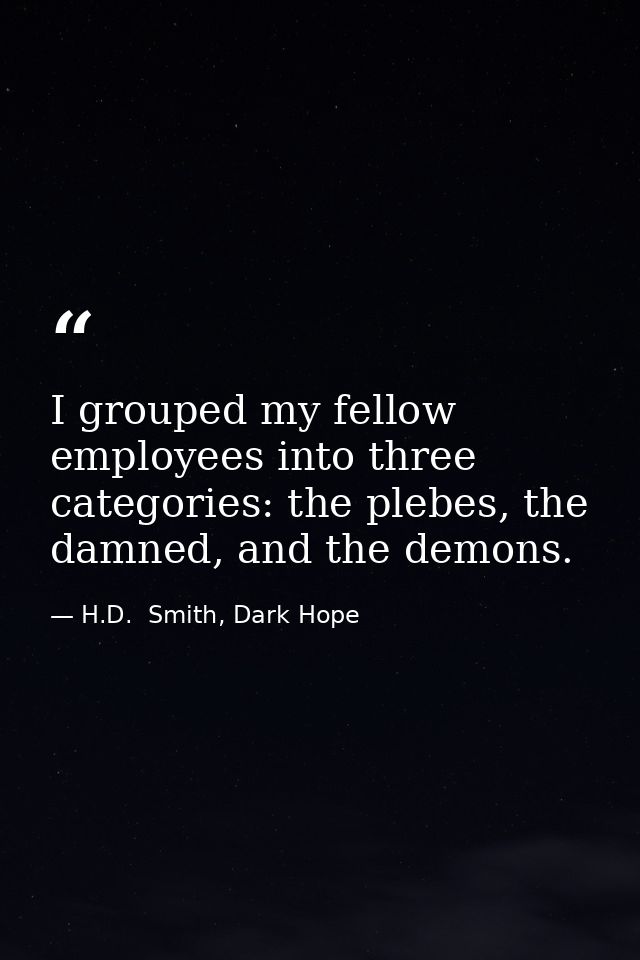 I grouped my fellow employees into three categories: the plebes, the damned, and the demons. — H.D.  Smith, Dark Hope