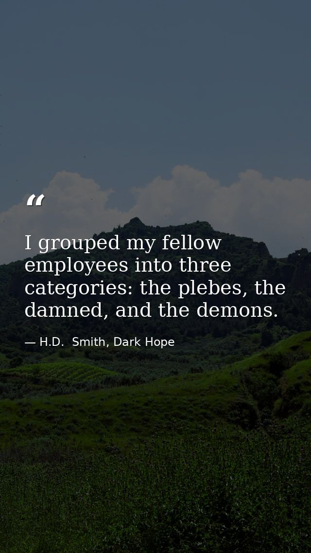 I grouped my fellow employees into three categories: the plebes, the damned, and the demons. — H.D.  Smith, Dark Hope