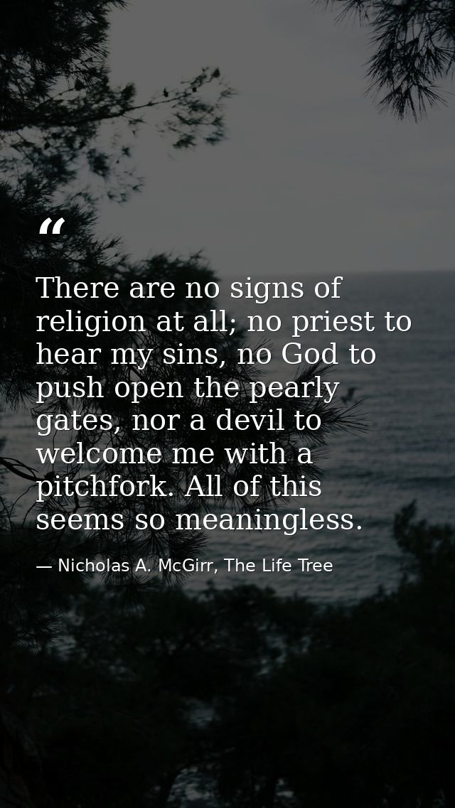 There are no signs of religion at all; no priest to hear my sins, no God to push open the pearly gates, nor a devil to w — Nicholas A. McGirr, The Life Tree