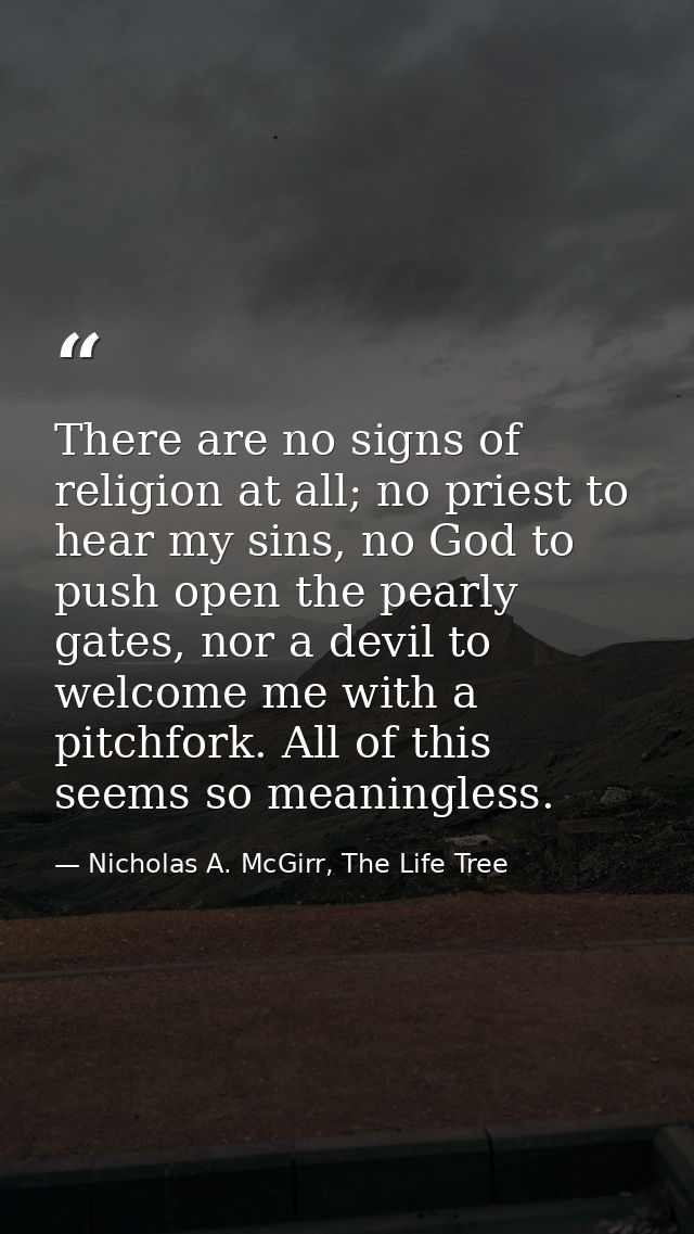 There are no signs of religion at all; no priest to hear my sins, no God to push open the pearly gates, nor a devil to w — Nicholas A. McGirr, The Life Tree