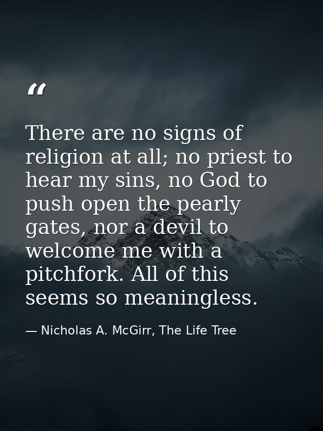 There are no signs of religion at all; no priest to hear my sins, no God to push open the pearly gates, nor a devil to w — Nicholas A. McGirr, The Life Tree
