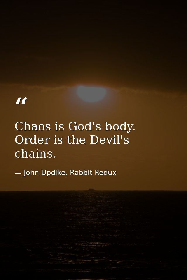 Chaos is God's body. Order is the Devil's chains. — John Updike, Rabbit Redux