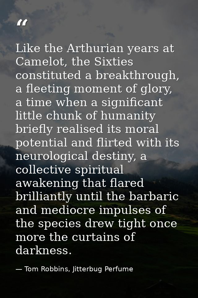 Like the Arthurian years at Camelot, the Sixties constituted a breakthrough, a fleeting moment of glory, a time when a s — Tom Robbins, Jitterbug Perfume
