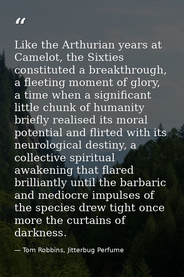 Like the Arthurian years at Camelot, the Sixties constituted a breakthrough, a fleeting moment of glory, a time when a s — Tom Robbins, Jitterbug Perfume