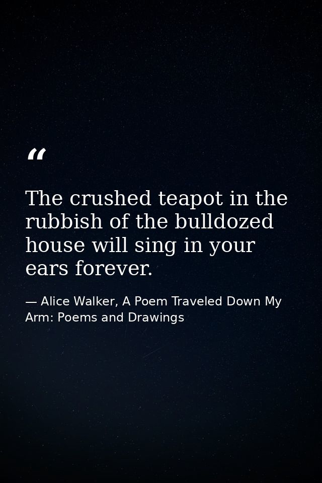 The crushed teapot in the rubbish of the bulldozed house will sing in your ears forever. — Alice Walker, A Poem Traveled Down My Arm: Poems and Drawings