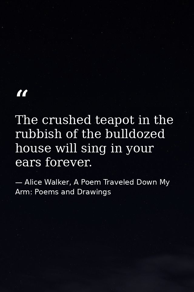 The crushed teapot in the rubbish of the bulldozed house will sing in your ears forever. — Alice Walker, A Poem Traveled Down My Arm: Poems and Drawings