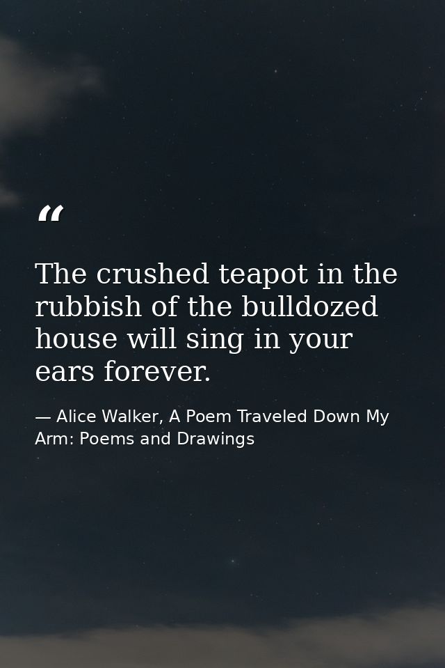 The crushed teapot in the rubbish of the bulldozed house will sing in your ears forever. — Alice Walker, A Poem Traveled Down My Arm: Poems and Drawings