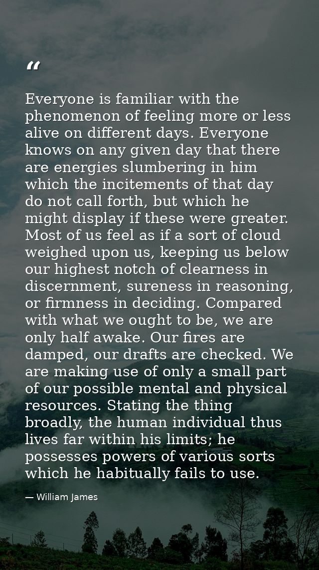 Everyone is familiar with the phenomenon of feeling more or less alive on different days. Everyone knows on any given da — William James