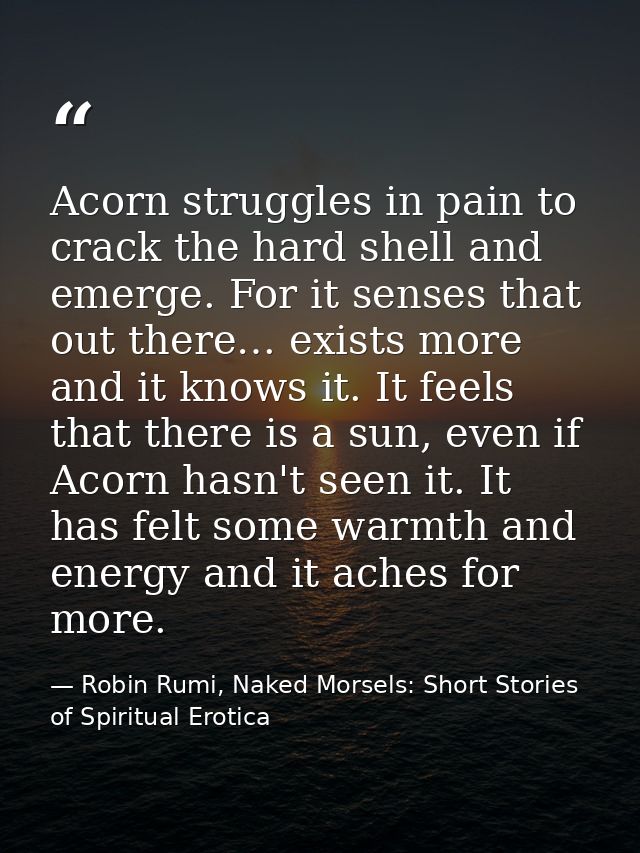 Acorn struggles in pain to crack the hard shell and emerge. For it senses that out there… exists more and it knows it. I — Robin Rumi, Naked Morsels: Short Stories of Spiritual Erotica