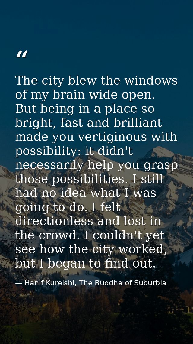 The city blew the windows of my brain wide open. But being in a place so bright, fast and brilliant made you vertiginous — Hanif Kureishi, The Buddha of Suburbia