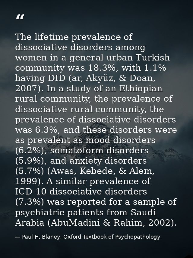 The lifetime prevalence of dissociative disorders among women in a general urban Turkish community was 18.3%, with 1.1%  — Paul H. Blaney, Oxford Textbook of Psychopathology