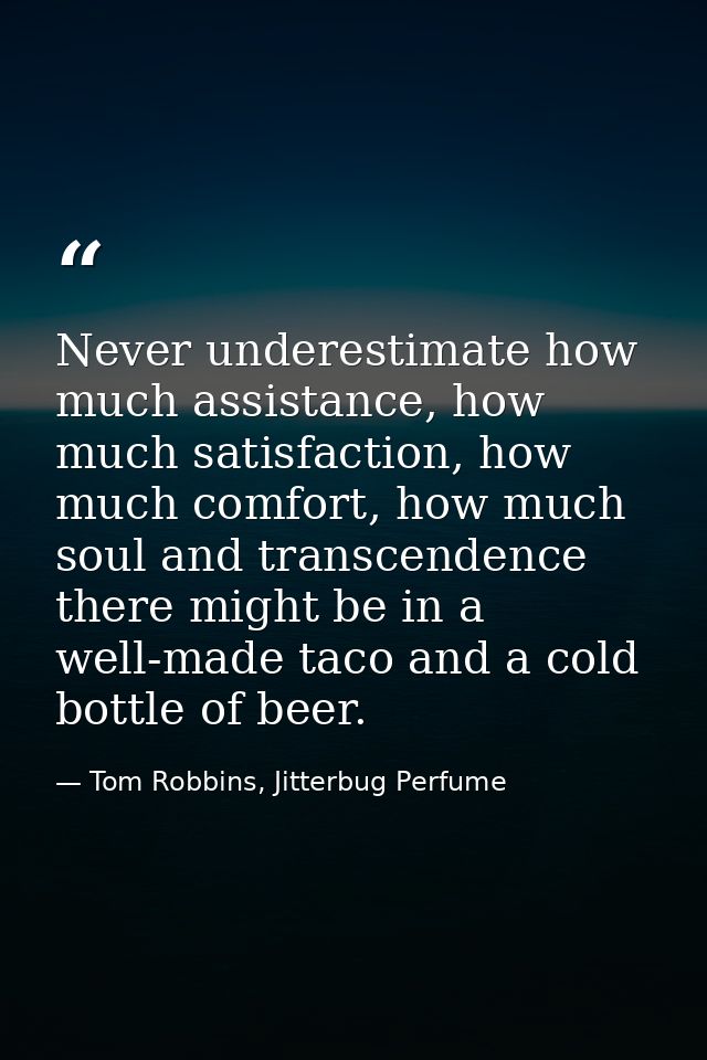 Never underestimate how much assistance, how much satisfaction, how much comfort, how much soul and transcendence there  — Tom Robbins, Jitterbug Perfume