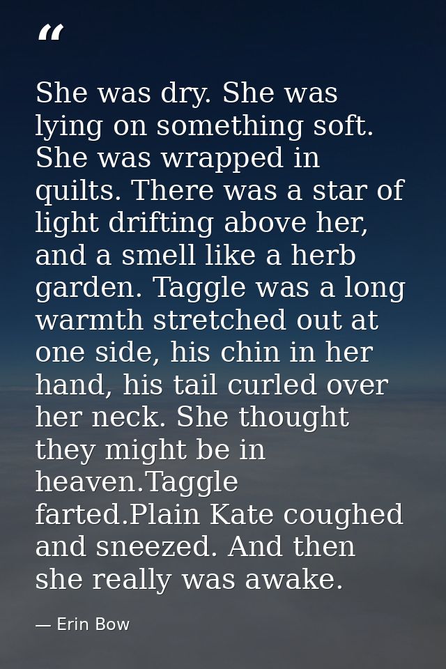 She was dry. She was lying on something soft. She was wrapped in quilts. There was a star of light drifting above her, a — Erin Bow