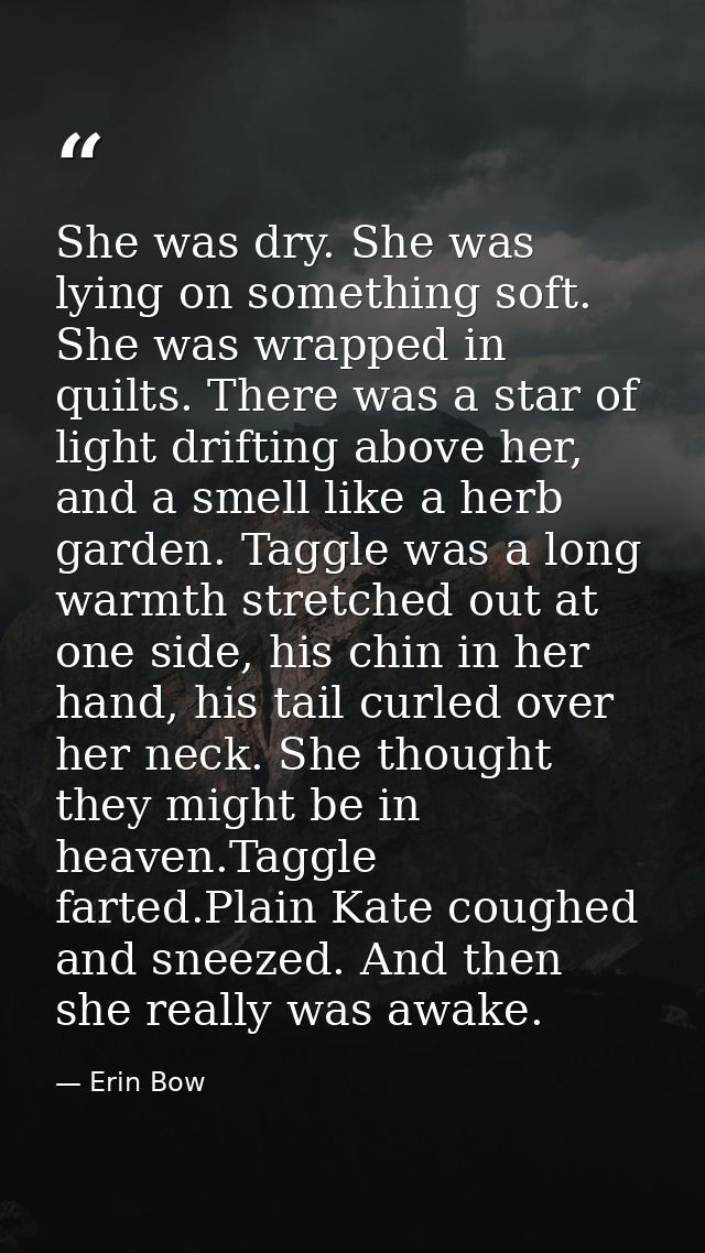 She was dry. She was lying on something soft. She was wrapped in quilts. There was a star of light drifting above her, a — Erin Bow