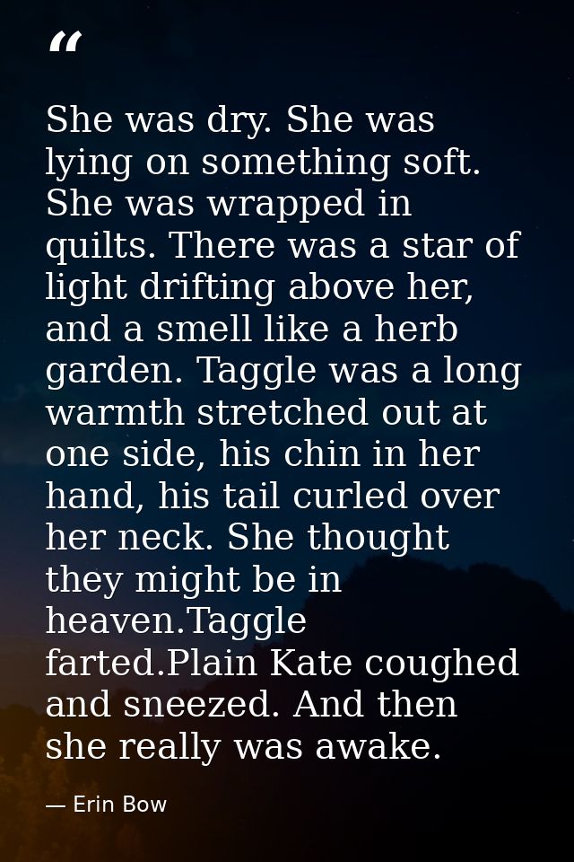 She was dry. She was lying on something soft. She was wrapped in quilts. There was a star of light drifting above her, a — Erin Bow