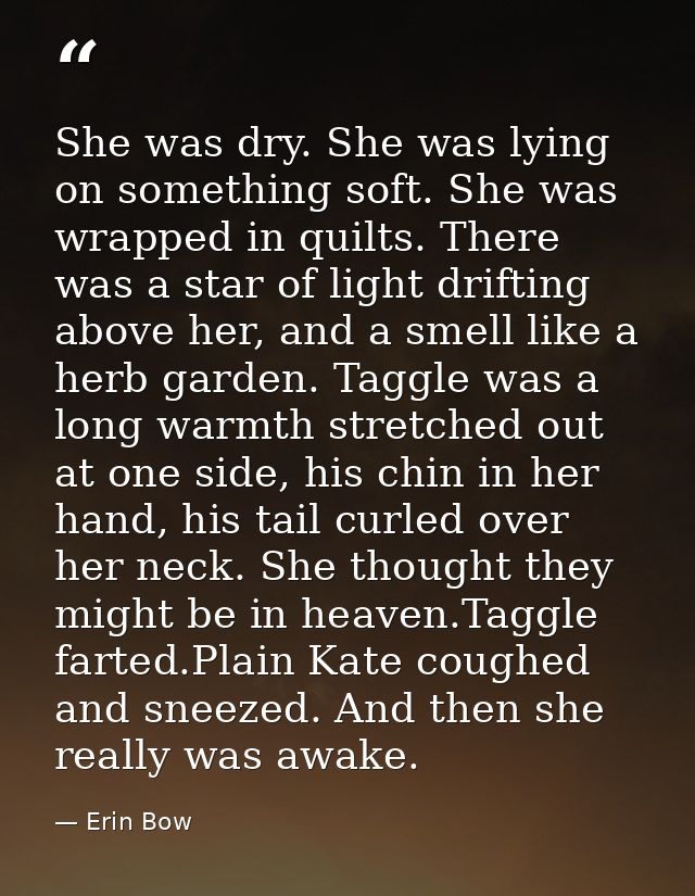 She was dry. She was lying on something soft. She was wrapped in quilts. There was a star of light drifting above her, a — Erin Bow