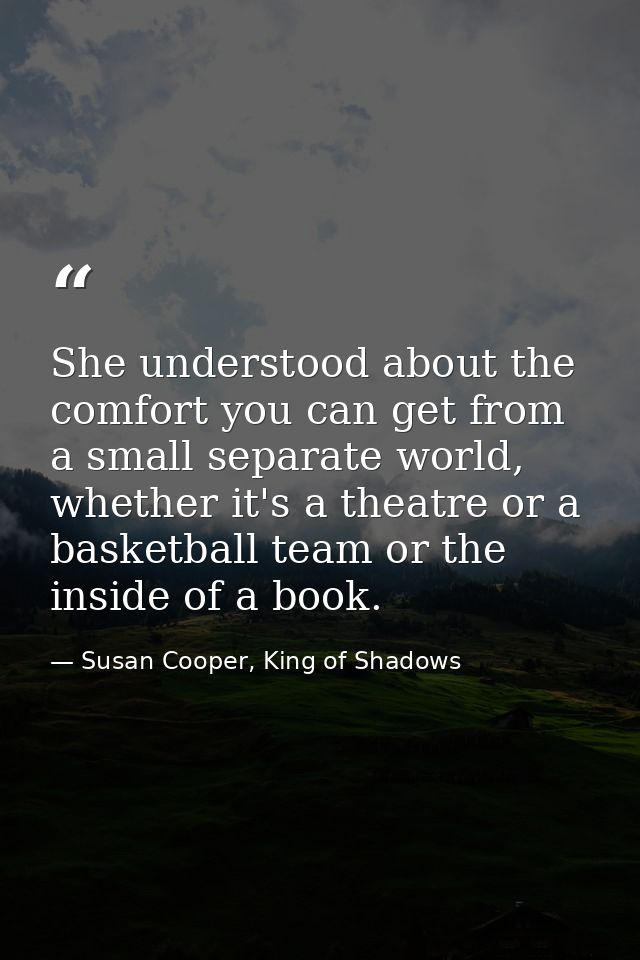 She understood about the comfort you can get from a small separate world, whether it's a theatre or a basketball team or — Susan Cooper, King of Shadows